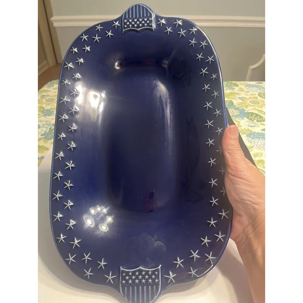 Longaberger Pottery Proudly American Cobalt Blue Stars Platter / Serving Tray